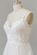Vestido de novia largo de corte A con escote en V, apliques, encaje y tul, sin espalda