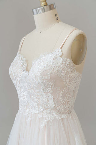 Vestido de novia largo de corte A con escote en V, apliques, encaje y tul, sin espalda