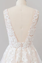Vestido de novia largo de corte A con escote en V, apliques, encaje y tul, sin espalda