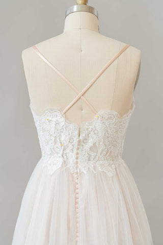 Vestido de novia largo de corte A con escote en V, apliques, encaje y tul, sin espalda