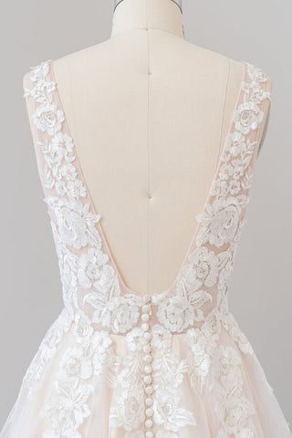 Vestido de novia largo de corte A con escote en V, apliques, encaje y tul, sin espalda