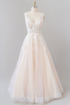 Vestido de novia largo de corte A con escote en V, apliques, encaje y tul, sin espalda