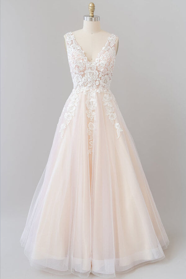 Vestido de novia largo de corte A con escote en V, apliques, encaje y tul, sin espalda