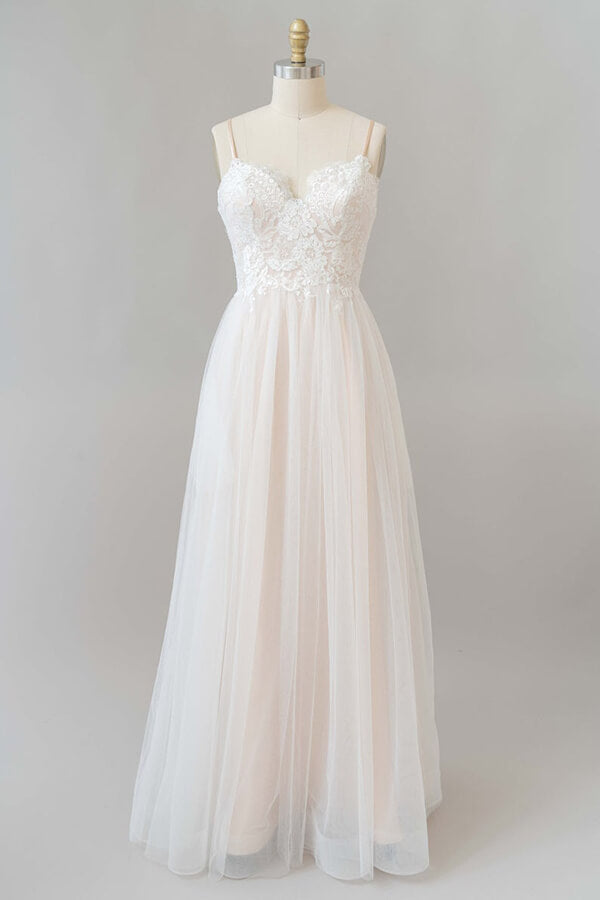 Vestido de novia largo de corte A con escote en V, apliques, encaje y tul, sin espalda
