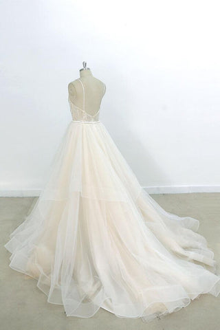 Long A-line V-neck Appliques Lace Tulle Wedding Dress