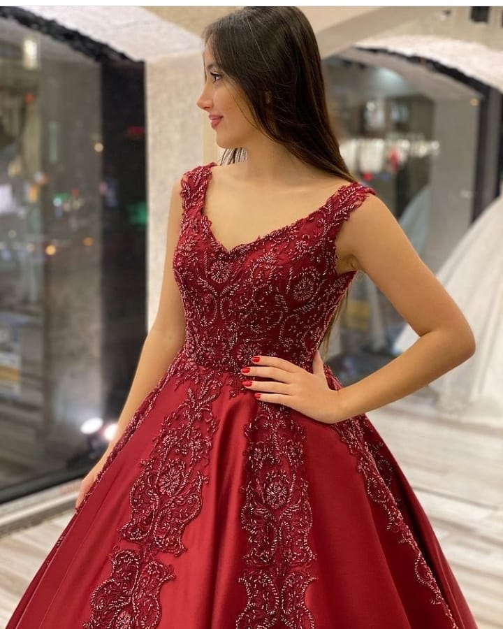 Long A-Line V-neck Backless Appliques Beading Satin Ruffles Prom Dress