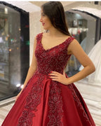 Long A-Line V-neck Backless Appliques Beading Satin Ruffles Prom Dress