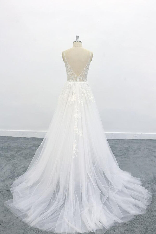 Vestido de novia largo de corte A, escote en V, espalda descubierta, apliques de encaje y tul