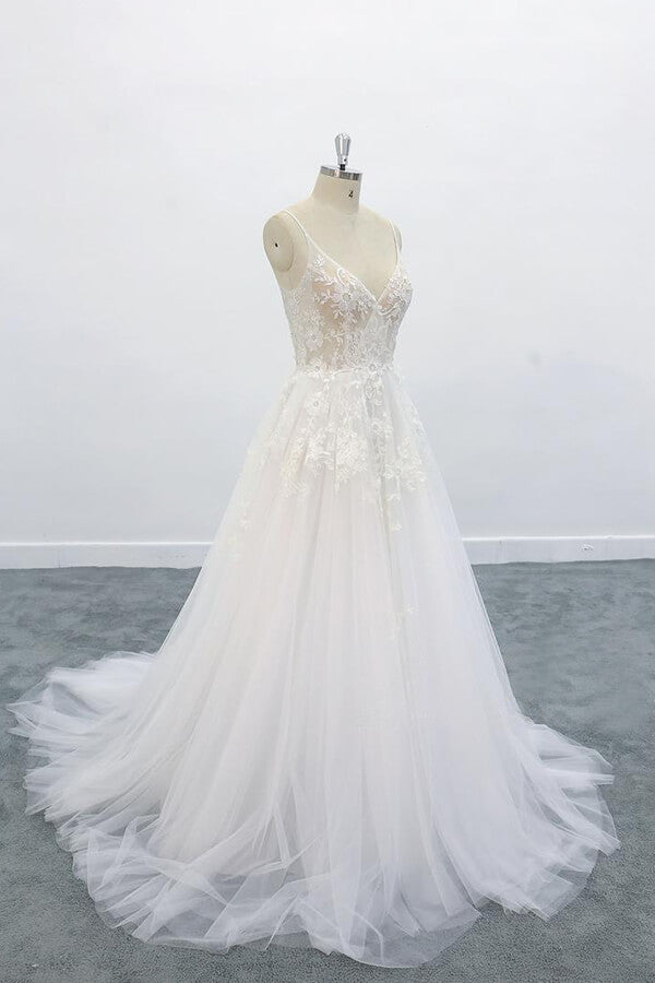 Vestido de novia largo de corte A, escote en V, espalda descubierta, apliques de encaje y tul
