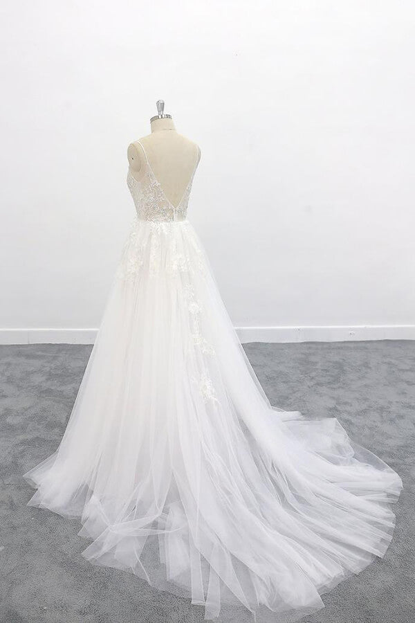 Vestido de novia largo de corte A, escote en V, espalda descubierta, apliques de encaje y tul
