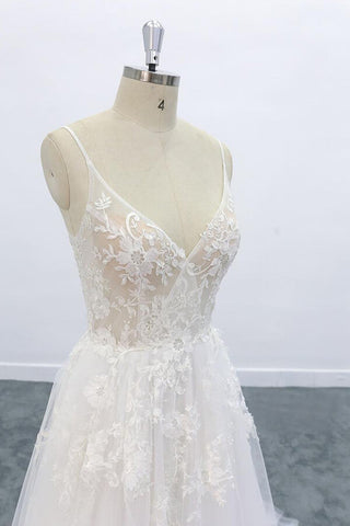 Vestido de novia largo de corte A, escote en V, espalda descubierta, apliques de encaje y tul