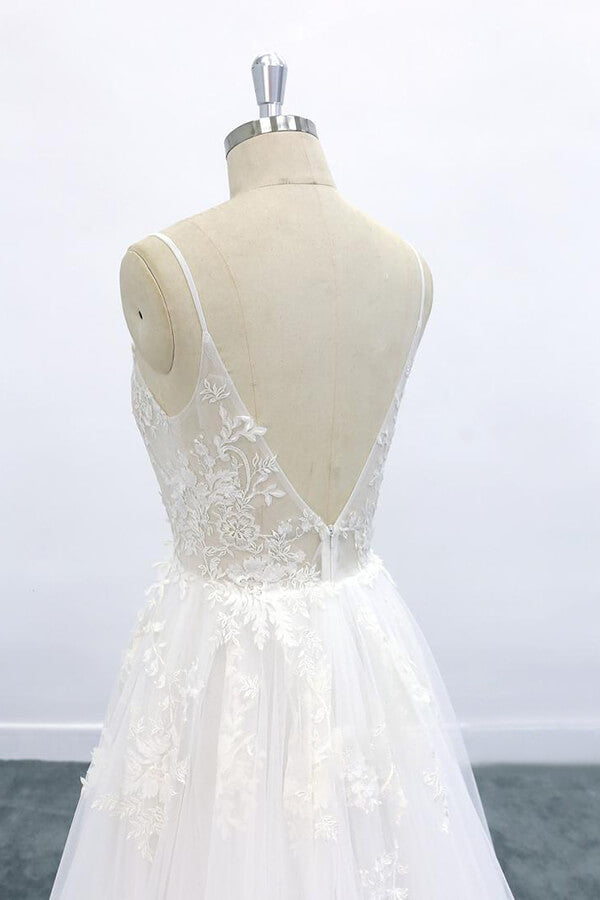 Vestido de novia largo de corte A, escote en V, espalda descubierta, apliques de encaje y tul