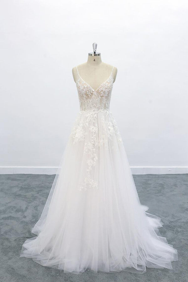 Vestido de novia largo de corte A, escote en V, espalda descubierta, apliques de encaje y tul