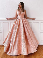 Long A-line V Neck Backless Lace Prom Dresses with Corset Back