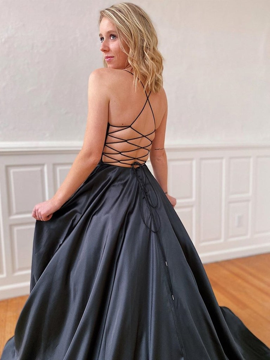 Robes de bal longues en satin noir à dos nu et col en V, coupe trapèze