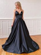 Robes de bal longues en satin noir à dos nu et col en V, coupe trapèze