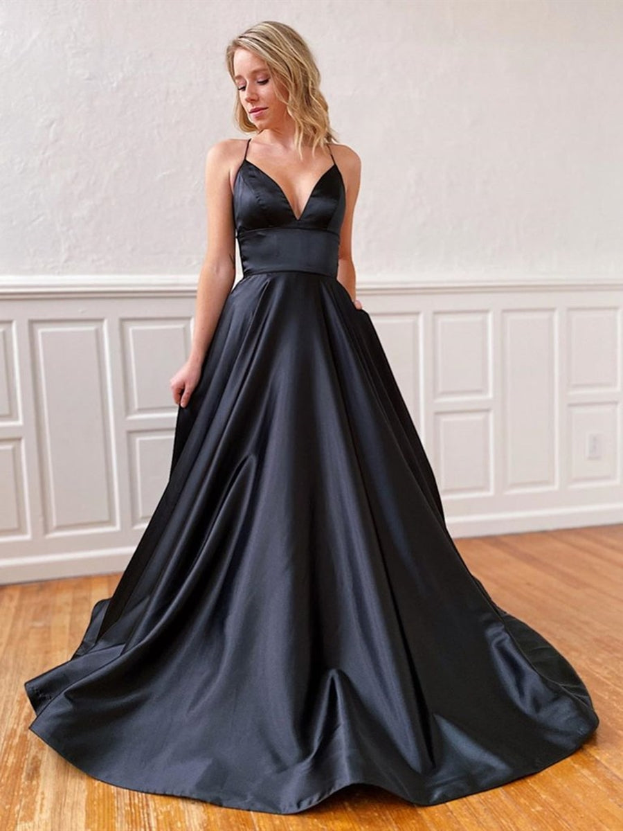 Robes de bal longues en satin noir à dos nu et col en V, coupe trapèze