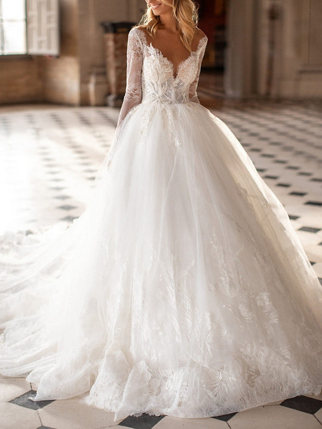 Long A-Line V Neck Court Train Lace Tulle Backless Wedding Dresses with Sleeves