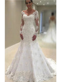 Robe de mariée longue en tulle et dentelle, coupe trapèze, col en V et traîne courte, manches longues