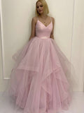 Vestidos de fiesta largos de tul esponjoso con escote en V y corte en A, color rosa.