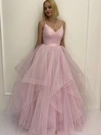 Vestidos de fiesta largos de tul esponjoso con escote en V y corte en A, color rosa.