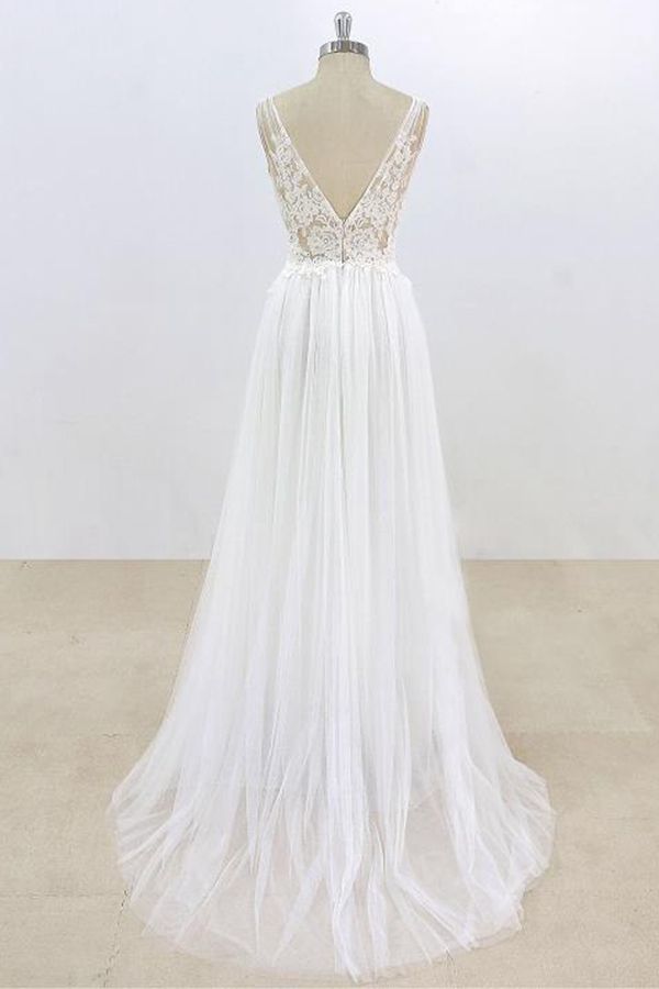 Robe de mariée longue trapèze en dentelle et tulle, col en V et dos nu