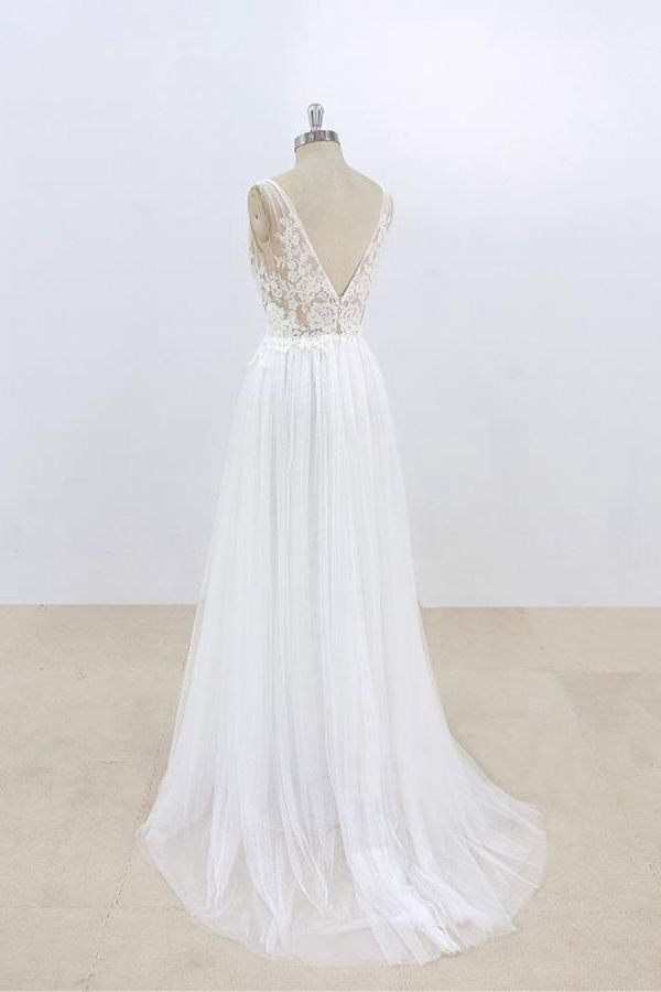 Robe de mariée longue trapèze en dentelle et tulle, col en V et dos nu