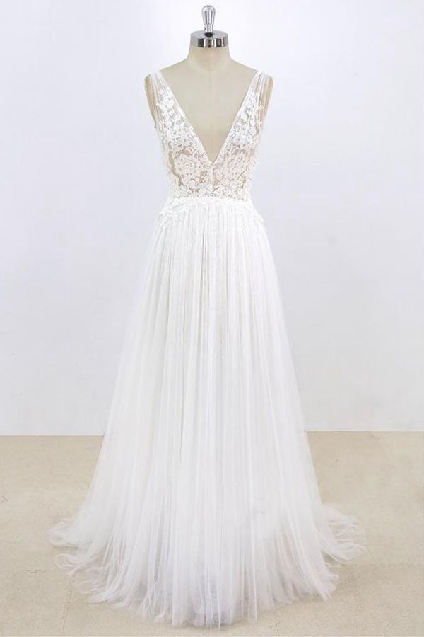 Robe de mariée longue trapèze en dentelle et tulle, col en V et dos nu