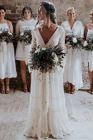 Vestido de novia largo de corte A, escote en V, encaje y tul con mangas