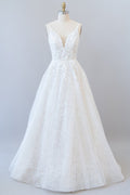 Vestido de novia largo de corte A, escote en V, espalda descubierta, apliques de encaje y tul
