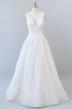 Vestido de novia largo de corte A, escote en V, espalda descubierta, apliques de encaje y tul