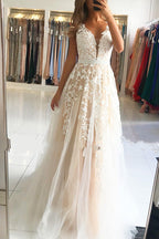 Robe de bal longue trapèze en tulle et dentelle, col en V et dos nu