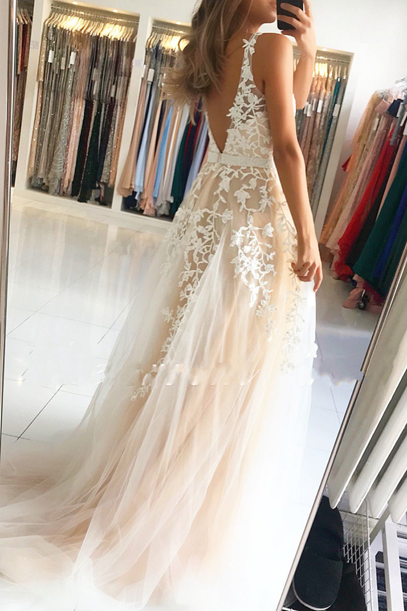 Robe de bal longue trapèze en tulle et dentelle, col en V et dos nu