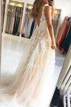 Robe de bal longue trapèze en tulle et dentelle, col en V et dos nu