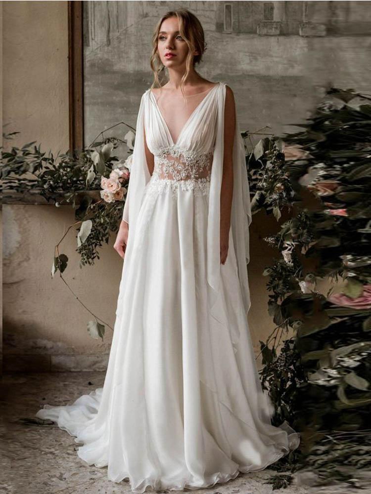 Robes de mariée longues en mousseline à volants et col en V, coupe trapèze