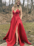Robe de bal de fin d'année longue en satin, coupe trapèze, col en V, fente sur le devant et poches