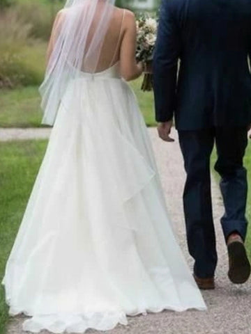 Vestidos de novia largos de corte A, escote en V, satén y tul con espalda descubierta