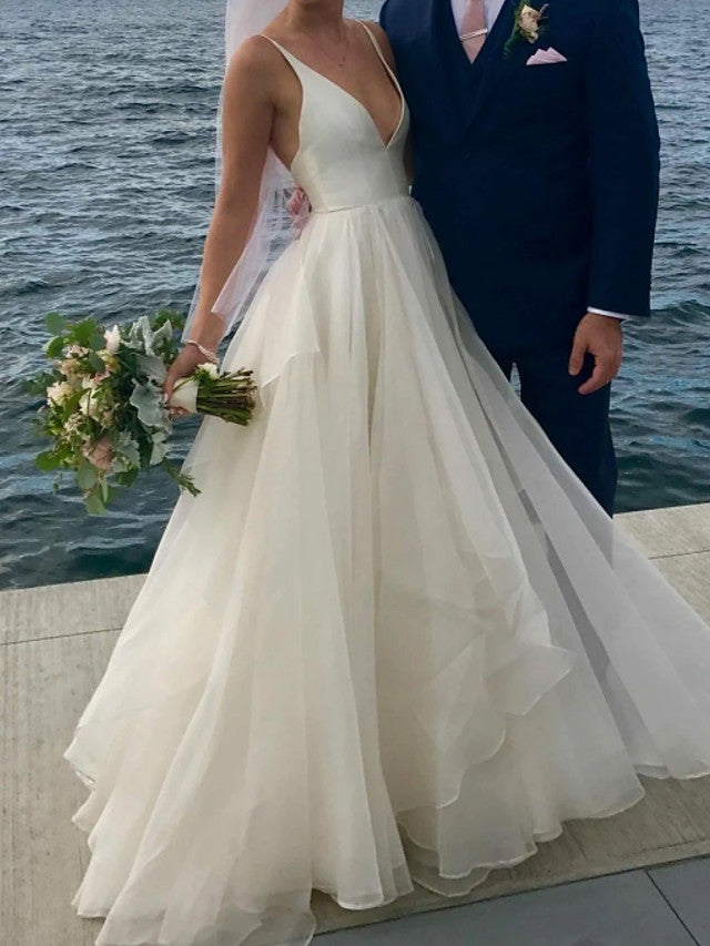 Long A-Line V Neck Satin Tulle Open Back Wedding Dresses