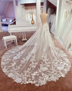 Vestidos de novia bohemios largos de corte bohemio, sin mangas, con escote en V y escote en A, de encaje floral y tul.