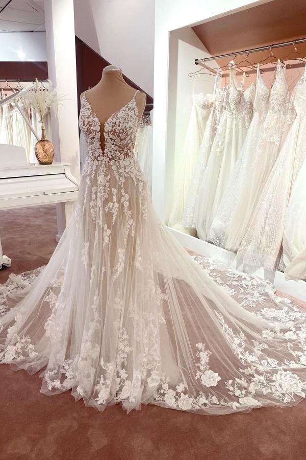 Vestidos de novia bohemios largos de corte bohemio, sin mangas, con escote en V y escote en A, de encaje floral y tul.