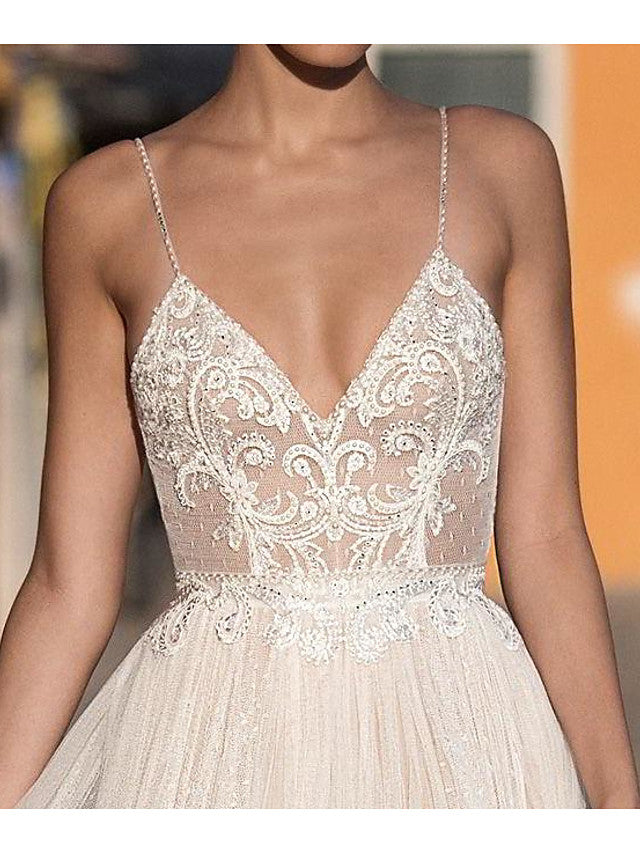 Long A-Line V-neck Spaghetti Strap Tulle Backless Wedding Dresses