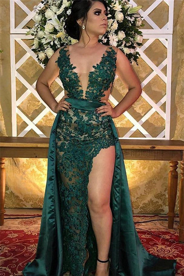 Long A-line V-neck Straps Appliques Lace Evening Dress with Slit