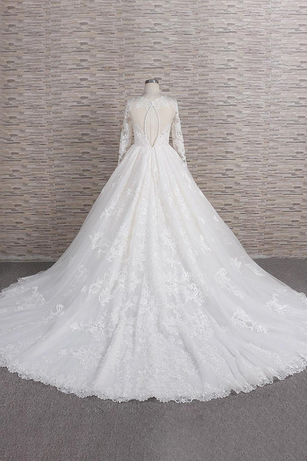 Robe de mariée longue trapèze à col en V, ornée d'appliqués de tulle et de dentelle, avec manches
