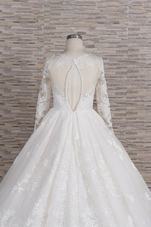 Robe de mariée longue trapèze à col en V, ornée d'appliqués de tulle et de dentelle, avec manches