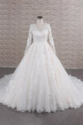Robe de mariée longue trapèze à col en V, ornée d'appliqués de tulle et de dentelle, avec manches