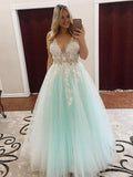 Robe de soirée longue trapèze à col en V en tulle et dentelle avec appliques
