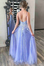 Robe de bal longue trapèze en tulle et dentelle, dos nu, col en V, dentelle violette à motifs floraux, robe de soirée formelle de remise de diplôme