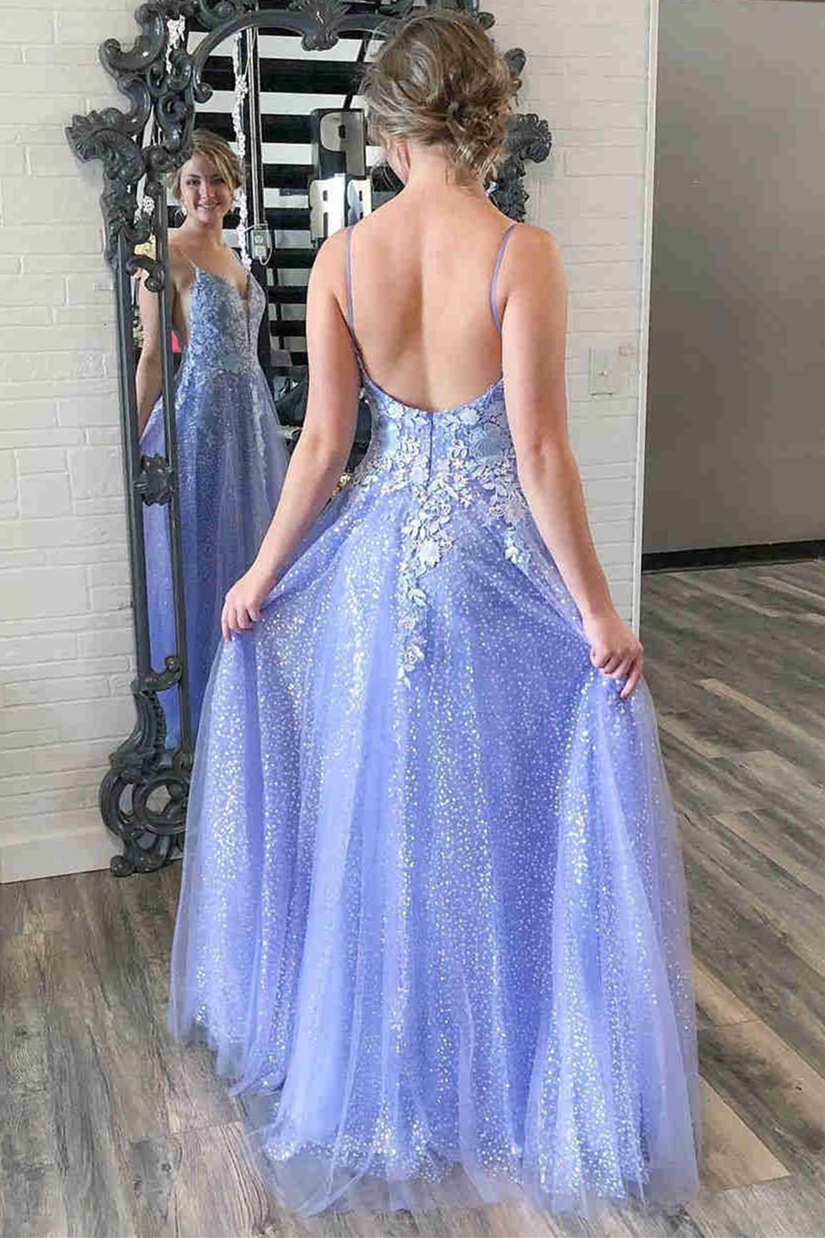 Robe de bal longue trapèze en tulle et dentelle, dos nu, col en V, dentelle violette à motifs floraux, robe de soirée formelle de remise de diplôme