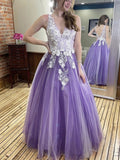 Vestidos largos de fiesta formales con escote en V, tul, encaje floral y flores 3D, corte en A.