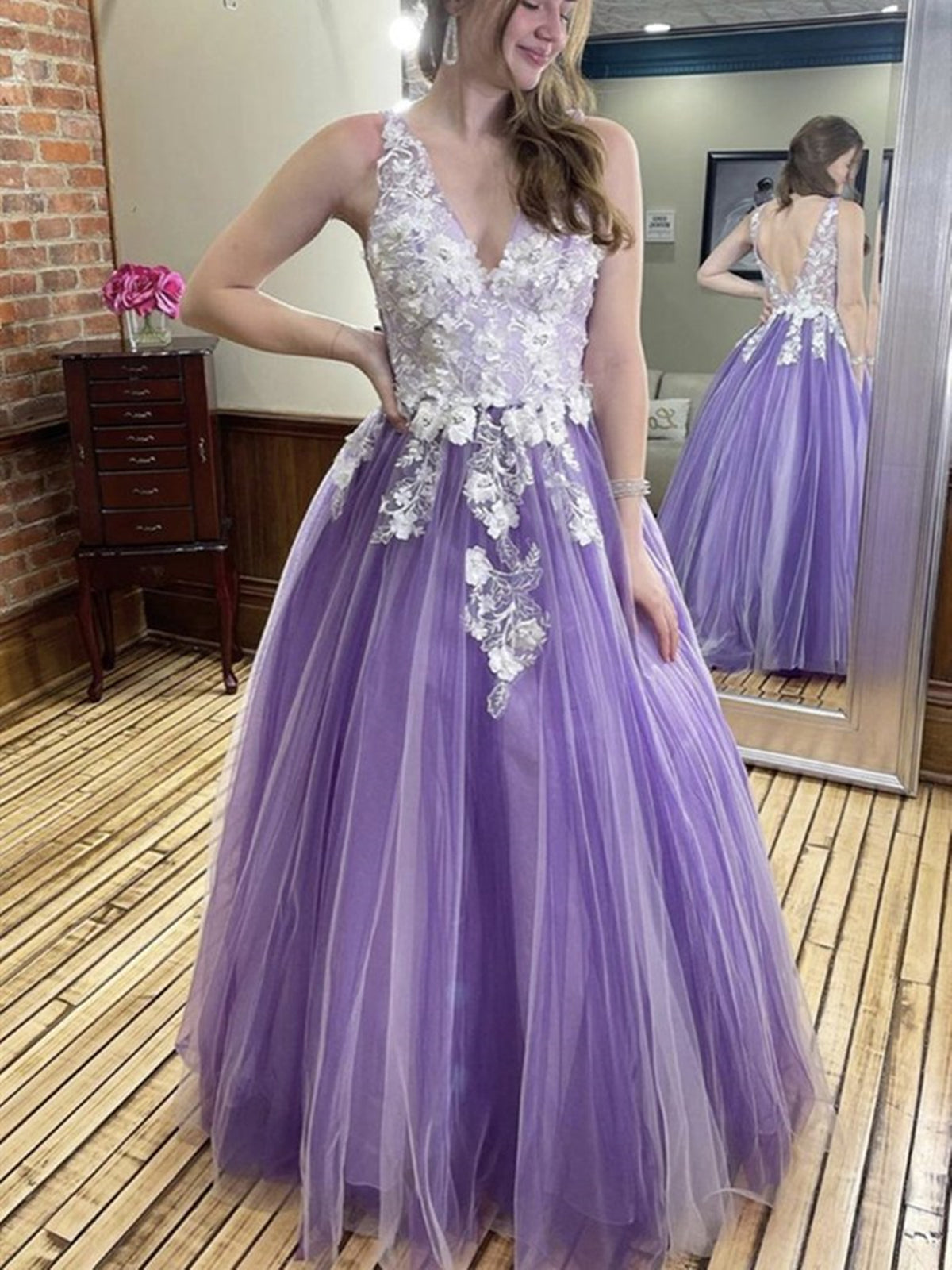 Vestidos largos de fiesta formales con escote en V, tul, encaje floral y flores 3D, corte en A.